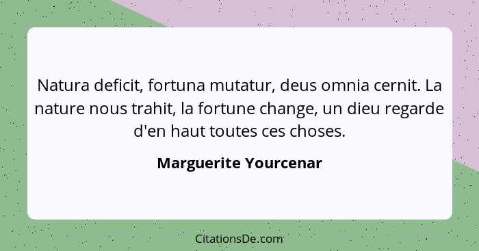 Natura deficit, fortuna mutatur, deus omnia cernit. La nature nous trahit, la fortune change, un dieu regarde d'en haut toutes... - Marguerite Yourcenar