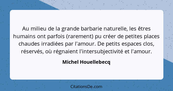 Au milieu de la grande barbarie naturelle, les êtres humains ont parfois (rarement) pu créer de petites places chaudes irradiées... - Michel Houellebecq