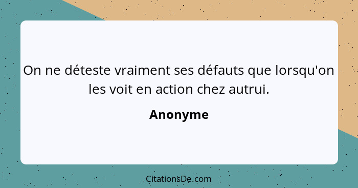 On ne déteste vraiment ses défauts que lorsqu'on les voit en action chez autrui.... - Anonyme