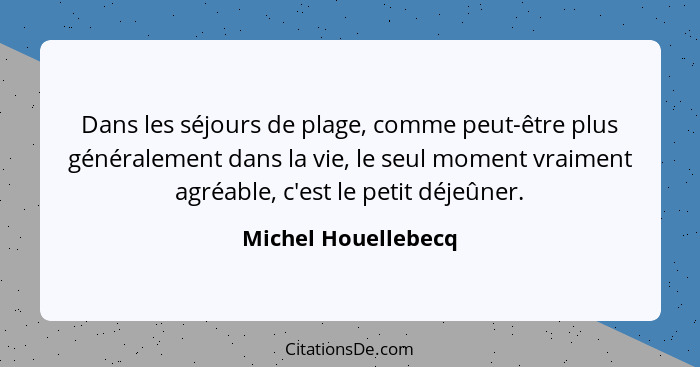 Dans les séjours de plage, comme peut-être plus généralement dans la vie, le seul moment vraiment agréable, c'est le petit déjeûn... - Michel Houellebecq