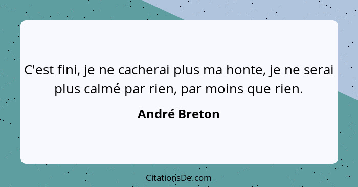 C'est fini, je ne cacherai plus ma honte, je ne serai plus calmé par rien, par moins que rien.... - André Breton