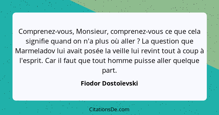 Comprenez-vous, Monsieur, comprenez-vous ce que cela signifie quand on n'a plus où aller ? La question que Marmeladov lui av... - Fiodor Dostoïevski