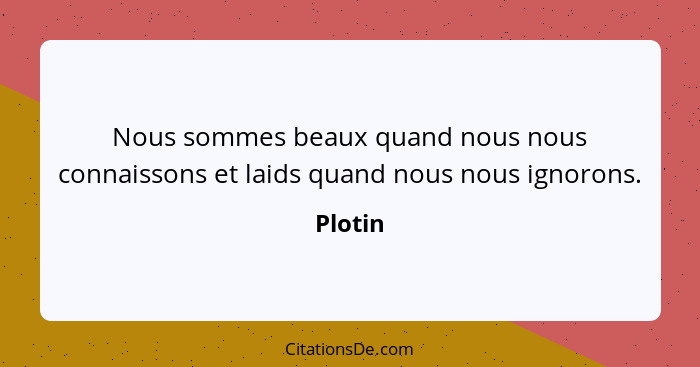 Nous sommes beaux quand nous nous connaissons et laids quand nous nous ignorons.... - Plotin