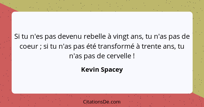 Si tu n'es pas devenu rebelle à vingt ans, tu n'as pas de coeur ; si tu n'as pas été transformé à trente ans, tu n'as pas de cerve... - Kevin Spacey