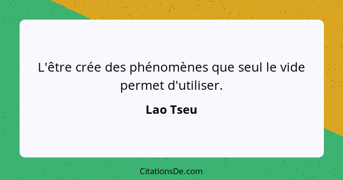 L'être crée des phénomènes que seul le vide permet d'utiliser.... - Lao Tseu