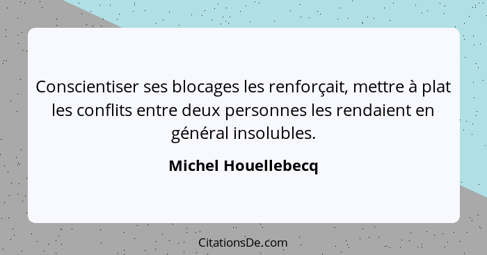 Conscientiser ses blocages les renforçait, mettre à plat les conflits entre deux personnes les rendaient en général insolubles.... - Michel Houellebecq