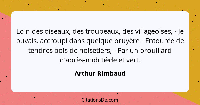 Loin des oiseaux, des troupeaux, des villageoises, - Je buvais, accroupi dans quelque bruyère - Entourée de tendres bois de noisetier... - Arthur Rimbaud