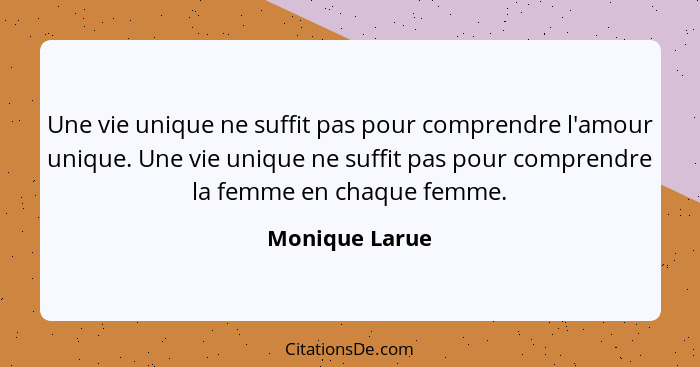 Une vie unique ne suffit pas pour comprendre l'amour unique. Une vie unique ne suffit pas pour comprendre la femme en chaque femme.... - Monique Larue