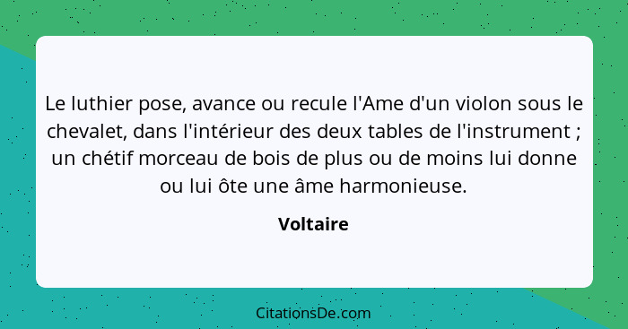 Le luthier pose, avance ou recule l'Ame d'un violon sous le chevalet, dans l'intérieur des deux tables de l'instrument ; un chétif mor... - Voltaire