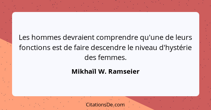 Les hommes devraient comprendre qu'une de leurs fonctions est de faire descendre le niveau d'hystérie des femmes.... - Mikhaïl W. Ramseier