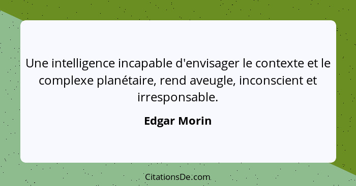 Une intelligence incapable d'envisager le contexte et le complexe planétaire, rend aveugle, inconscient et irresponsable.... - Edgar Morin