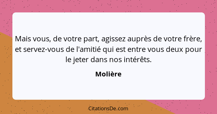 Mais vous, de votre part, agissez auprès de votre frère, et servez-vous de l'amitié qui est entre vous deux pour le jeter dans nos intérêts.... - Molière