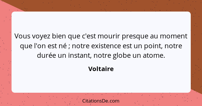 Vous voyez bien que c'est mourir presque au moment que l'on est né ; notre existence est un point, notre durée un instant, notre globe... - Voltaire