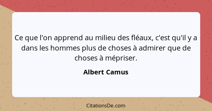 Ce que l'on apprend au milieu des fléaux, c'est qu'il y a dans les hommes plus de choses à admirer que de choses à mépriser.... - Albert Camus