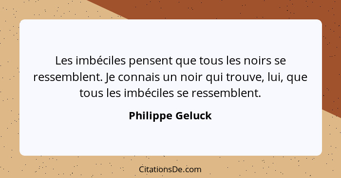 Les imbéciles pensent que tous les noirs se ressemblent. Je connais un noir qui trouve, lui, que tous les imbéciles se ressemblent.... - Philippe Geluck