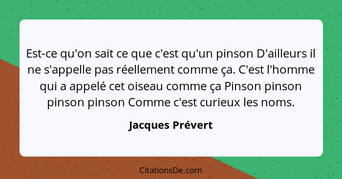 Est-ce qu'on sait ce que c'est qu'un pinson D'ailleurs il ne s'appelle pas réellement comme ça. C'est l'homme qui a appelé cet oisea... - Jacques Prévert