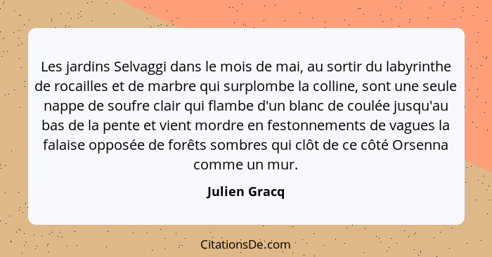 Les jardins Selvaggi dans le mois de mai, au sortir du labyrinthe de rocailles et de marbre qui surplombe la colline, sont une seule na... - Julien Gracq