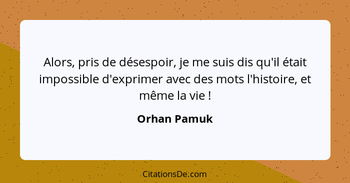 Alors, pris de désespoir, je me suis dis qu'il était impossible d'exprimer avec des mots l'histoire, et même la vie !... - Orhan Pamuk