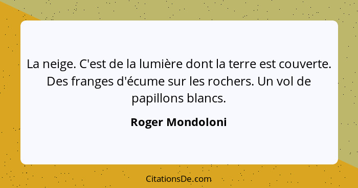 La neige. C'est de la lumière dont la terre est couverte. Des franges d'écume sur les rochers. Un vol de papillons blancs.... - Roger Mondoloni