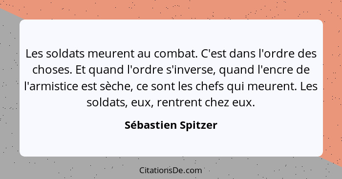 Les soldats meurent au combat. C'est dans l'ordre des choses. Et quand l'ordre s'inverse, quand l'encre de l'armistice est sèche,... - Sébastien Spitzer