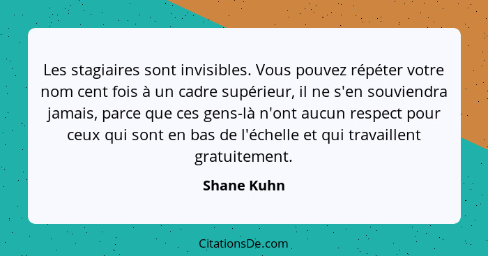 Les stagiaires sont invisibles. Vous pouvez répéter votre nom cent fois à un cadre supérieur, il ne s'en souviendra jamais, parce que ces... - Shane Kuhn