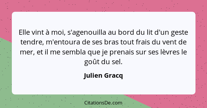 Elle vint à moi, s'agenouilla au bord du lit d'un geste tendre, m'entoura de ses bras tout frais du vent de mer, et il me sembla que je... - Julien Gracq