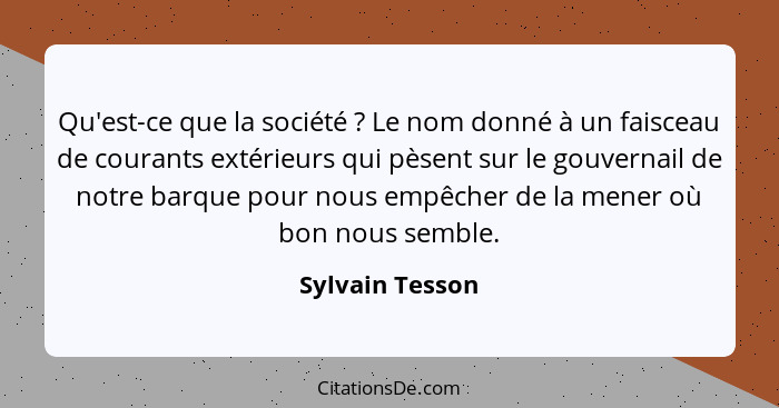 Qu'est-ce que la société ? Le nom donné à un faisceau de courants extérieurs qui pèsent sur le gouvernail de notre barque pour n... - Sylvain Tesson