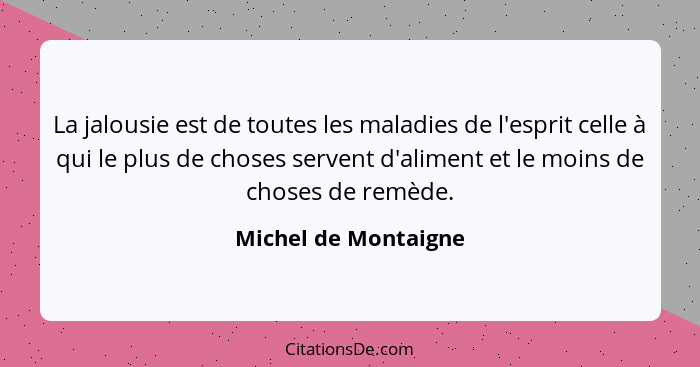 La jalousie est de toutes les maladies de l'esprit celle à qui le plus de choses servent d'aliment et le moins de choses de remè... - Michel de Montaigne