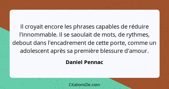 Il croyait encore les phrases capables de réduire l'innommable. Il se saoulait de mots, de rythmes, debout dans l'encadrement de cette... - Daniel Pennac