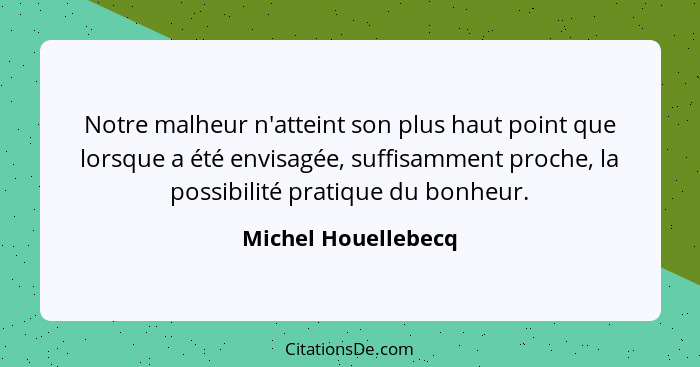 Notre malheur n'atteint son plus haut point que lorsque a été envisagée, suffisamment proche, la possibilité pratique du bonheur.... - Michel Houellebecq