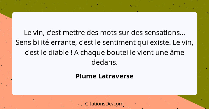 Le vin, c'est mettre des mots sur des sensations... Sensibilité errante, c'est le sentiment qui existe. Le vin, c'est le diable&nbs... - Plume Latraverse