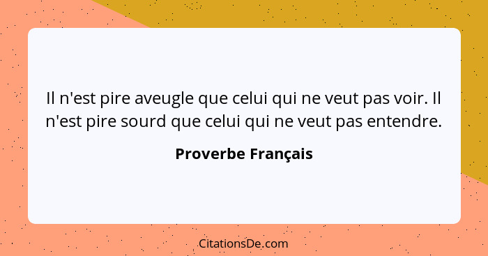 Il n'est pire aveugle que celui qui ne veut pas voir. Il n'est pire sourd que celui qui ne veut pas entendre.... - Proverbe Français