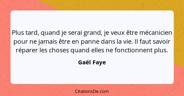 Plus tard, quand je serai grand, je veux être mécanicien pour ne jamais être en panne dans la vie. Il faut savoir réparer les choses quand... - Gaël Faye