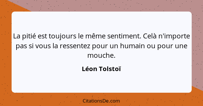 La pitié est toujours le même sentiment. Celà n'importe pas si vous la ressentez pour un humain ou pour une mouche.... - Léon Tolstoï