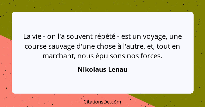 La vie - on l'a souvent répété - est un voyage, une course sauvage d'une chose à l'autre, et, tout en marchant, nous épuisons nos for... - Nikolaus Lenau