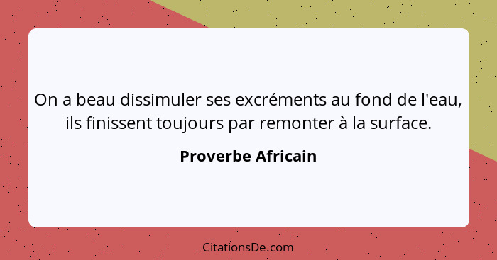 On a beau dissimuler ses excréments au fond de l'eau, ils finissent toujours par remonter à la surface.... - Proverbe Africain