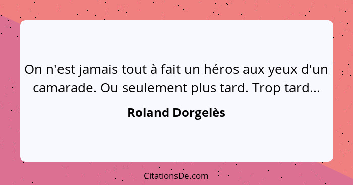 On n'est jamais tout à fait un héros aux yeux d'un camarade. Ou seulement plus tard. Trop tard...... - Roland Dorgelès