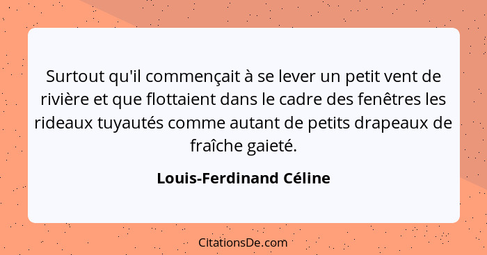 Surtout qu'il commençait à se lever un petit vent de rivière et que flottaient dans le cadre des fenêtres les rideaux tuyauté... - Louis-Ferdinand Céline