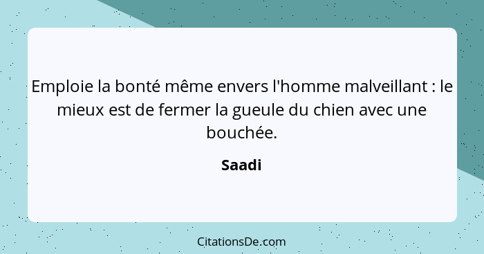 Emploie la bonté même envers l'homme malveillant : le mieux est de fermer la gueule du chien avec une bouchée.... - Saadi