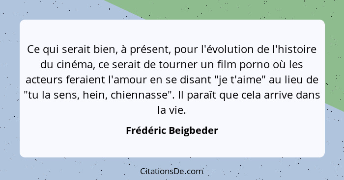 Ce qui serait bien, à présent, pour l'évolution de l'histoire du cinéma, ce serait de tourner un film porno où les acteurs feraie... - Frédéric Beigbeder