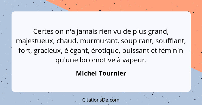 Certes on n'a jamais rien vu de plus grand, majestueux, chaud, murmurant, soupirant, soufflant, fort, gracieux, élégant, érotique, p... - Michel Tournier