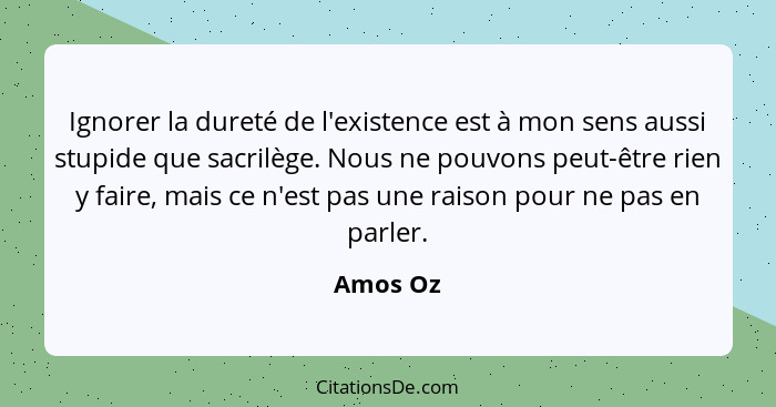 Ignorer la dureté de l'existence est à mon sens aussi stupide que sacrilège. Nous ne pouvons peut-être rien y faire, mais ce n'est pas une r... - Amos Oz