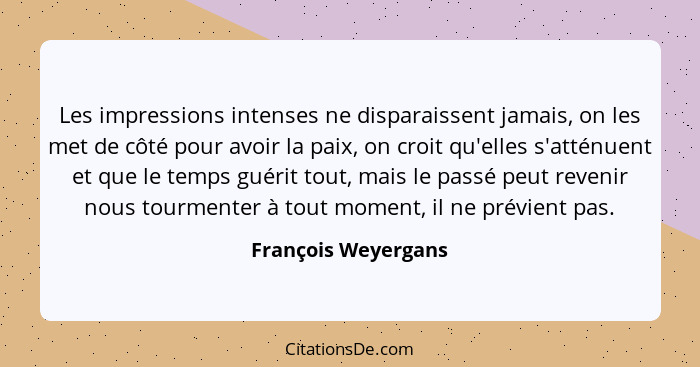 Les impressions intenses ne disparaissent jamais, on les met de côté pour avoir la paix, on croit qu'elles s'atténuent et que le... - François Weyergans