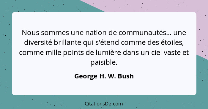 Nous sommes une nation de communautés... une diversité brillante qui s'étend comme des étoiles, comme mille points de lumière dans... - George H. W. Bush