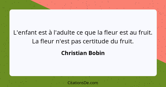 L'enfant est à l'adulte ce que la fleur est au fruit. La fleur n'est pas certitude du fruit.... - Christian Bobin