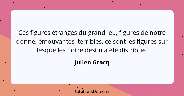 Ces figures étranges du grand jeu, figures de notre donne, émouvantes, terribles, ce sont les figures sur lesquelles notre destin a été... - Julien Gracq