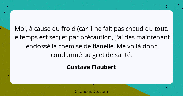 Moi, à cause du froid (car il ne fait pas chaud du tout, le temps est sec) et par précaution, j'ai dès maintenant endossé la chemis... - Gustave Flaubert