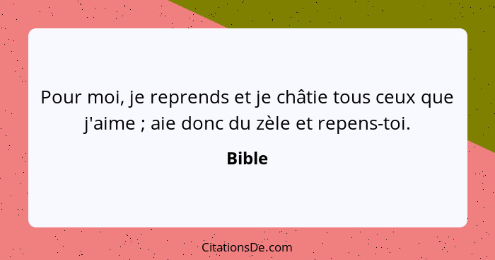 Pour moi, je reprends et je châtie tous ceux que j'aime ; aie donc du zèle et repens-toi.... - Bible