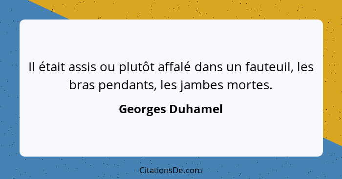 Il était assis ou plutôt affalé dans un fauteuil, les bras pendants, les jambes mortes.... - Georges Duhamel