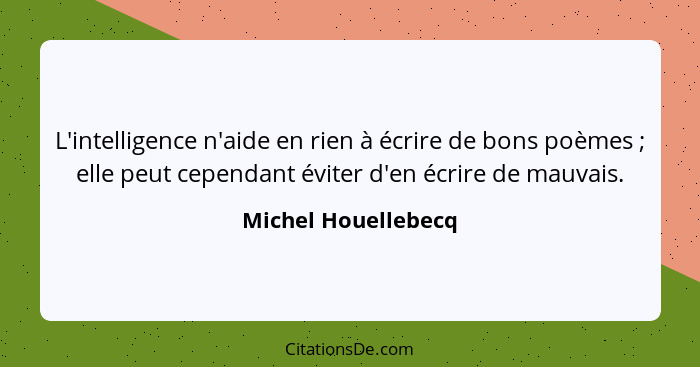L'intelligence n'aide en rien à écrire de bons poèmes ; elle peut cependant éviter d'en écrire de mauvais.... - Michel Houellebecq